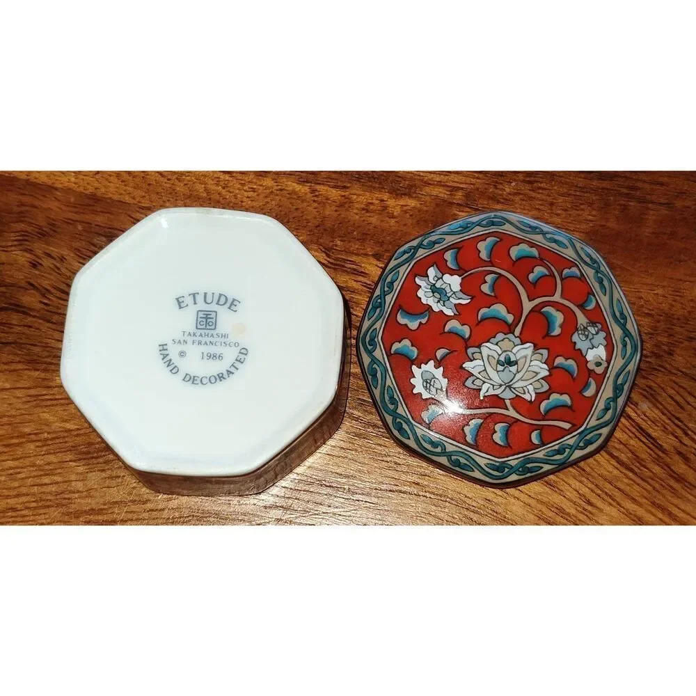 Vintage porcelain trinket box Etude Takahashi San Francisco hand-decorated 1986